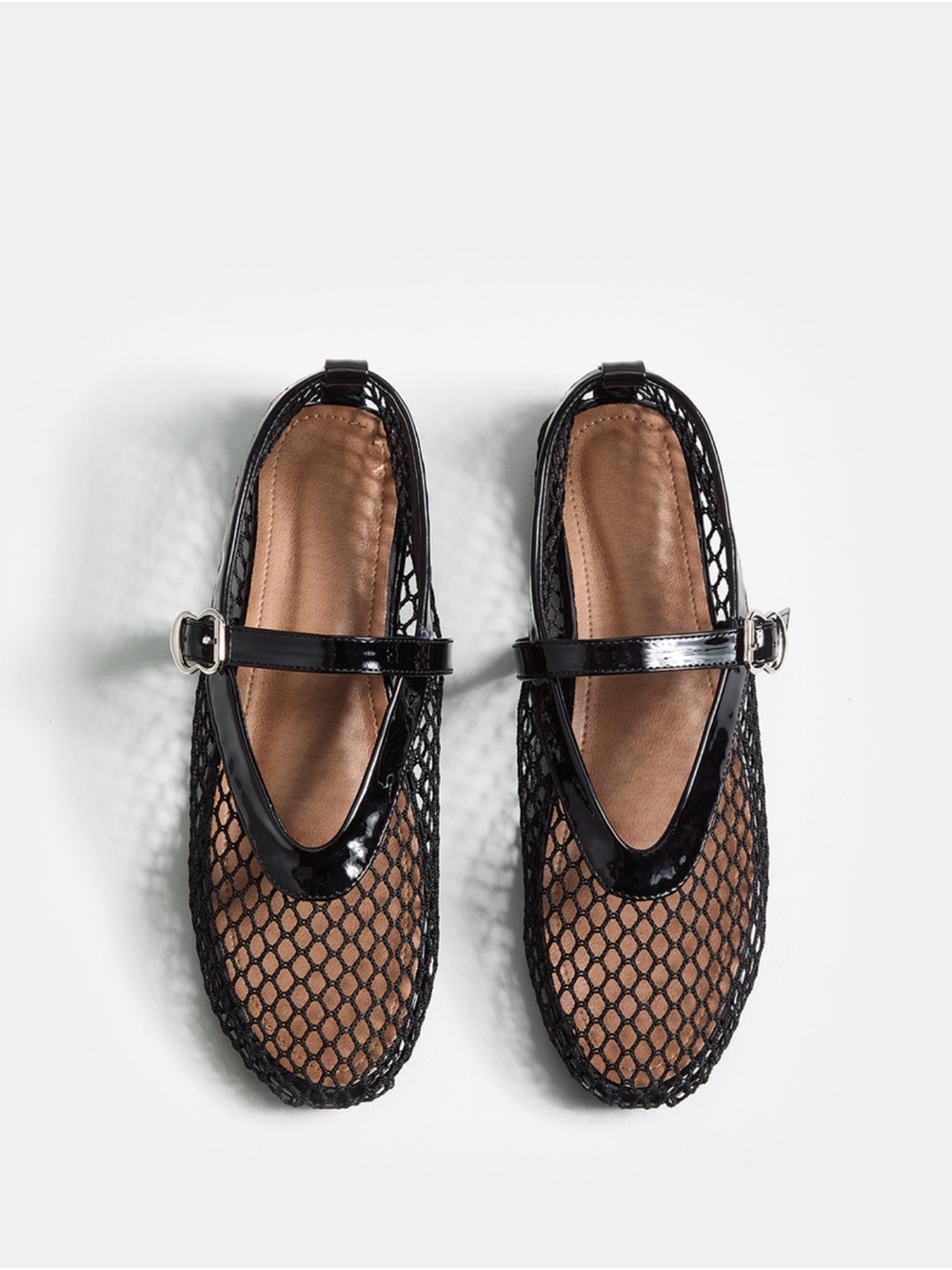 Commense Black Genuine Leather Mesh Ballet Flats